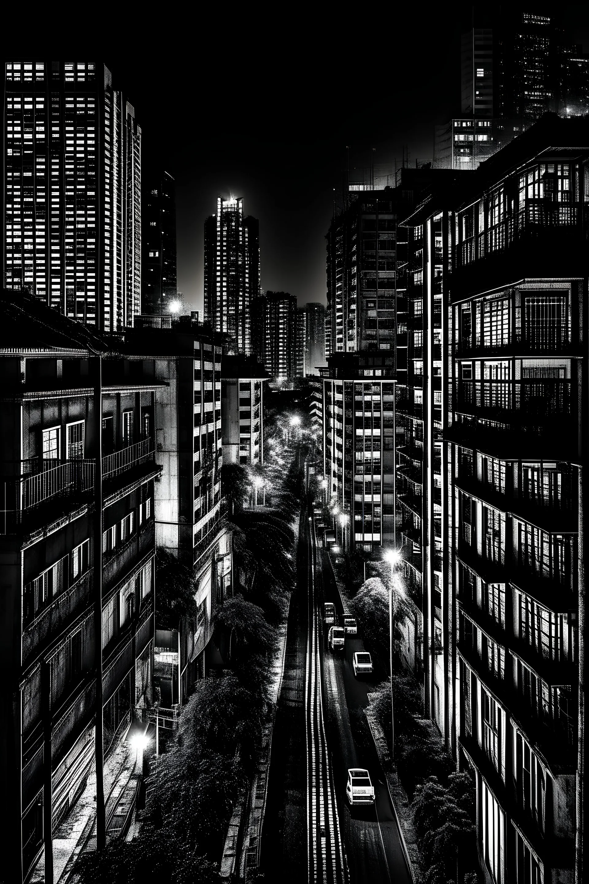 In the dark night of São Paulo, a decadent and desolate metropolis. Buildings, dirty and deserted streets, fear in the air. As an artist, your challenge is to portray all this sadness and decadence in a black and white work of art.