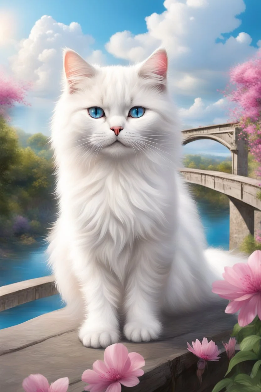 in the center: beautiful chunky fluffy white cat sitting on a bridge, under the brigde flows a small blue river; background: landscape; first plan: pink flowers; back ground: white clouds, butterflys flying in the sky