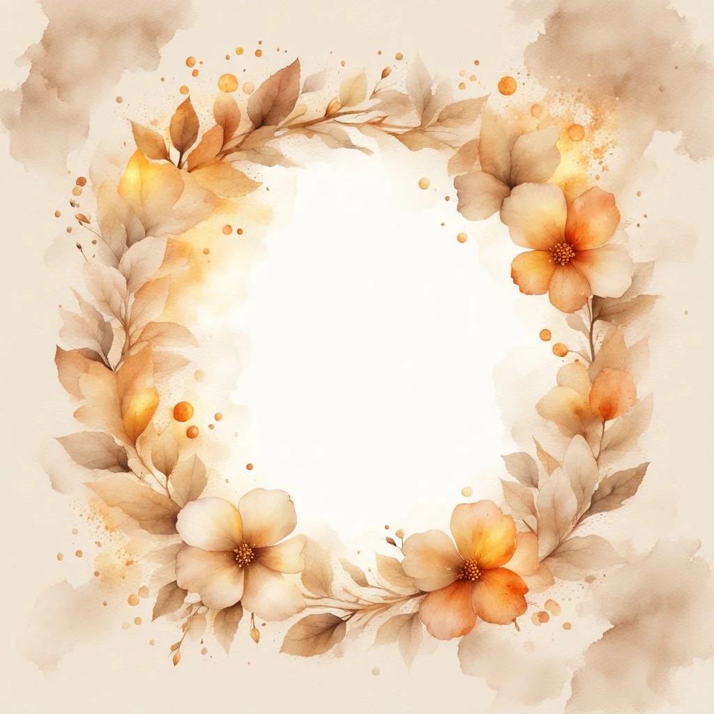 Hyper Realistic Beige small-watercolor-FloralCircular-Frame With Glowing Golden Embers On Off-White Grunge Background.