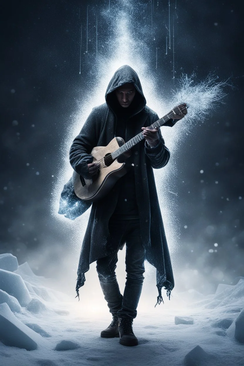 A man with hood holding a guitar standing by a musical abyss in an icy winter with cold sparks flying