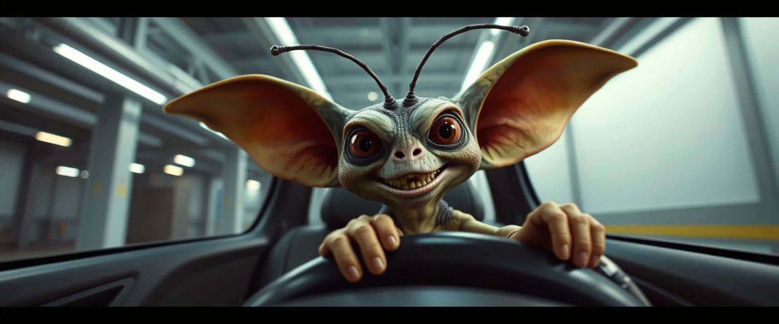 car driving happy 2d insect anime alien gremlin man in the style of Escher and Giger and Fallout 4, pinhole cam, airbrush 3d rendering, on tv screen:A five-second cinematic single take in a clean industrial presentation hall.