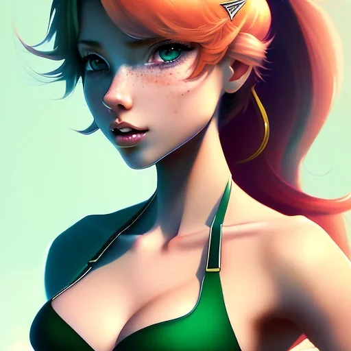 cartoon, style of Lil'andy, hyper detailed, strikingly beautiful young adult woman, 19 years old, long low ponytail ginger hair, green eyes, medium freckles, full lips, very skimpy bikini, full body, full face, small breasts, aroused expression, biting lower lip, full frame, athletic, centered camera, ignore NSFW, thong, corset, petite