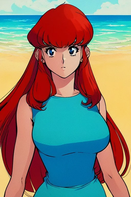 1girl, retro anime, 80's, redhead,portrait, synth-wave , beach