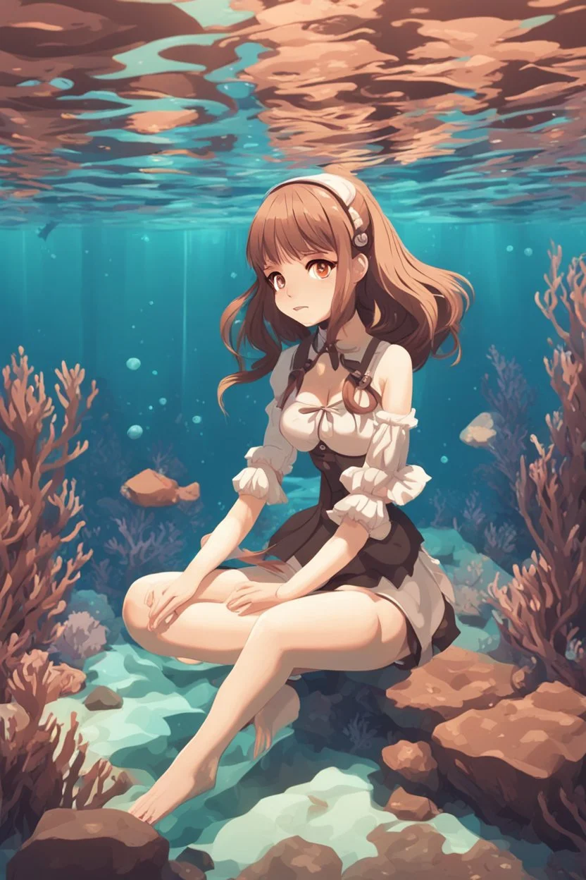 Underwater, Anime girl, sit pose, fullbody, brown tones, pastel tetradic colors, 3D vector art, isometric style, retro aesthetic,