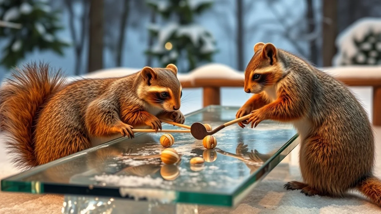 ice bear squirrel raccoons playing mini golf nuts hockey on super long glass table on ceres