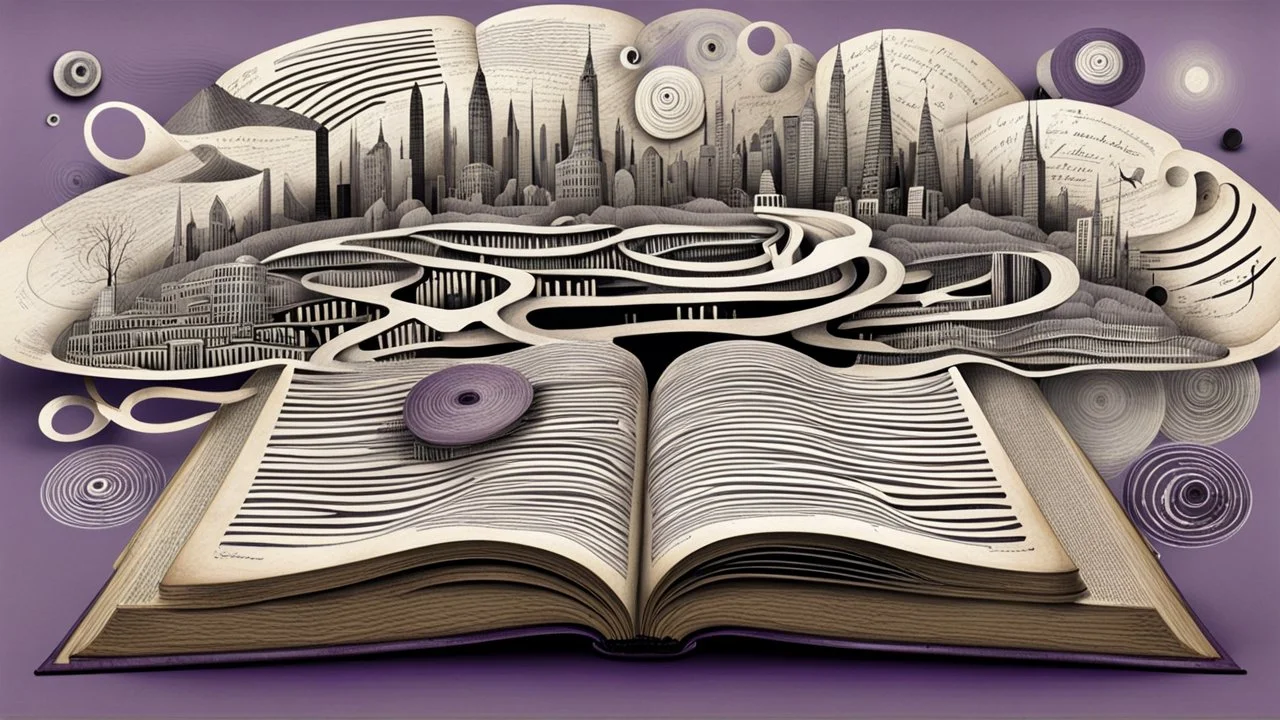 3d, egy kinyitott régi old book, kézírással írva egymás alatti hosszab, és rövidebb sorok, szavak, és listák egymás alatt, de nem olvasható betükkel, human form, circles, lines, around weird whimsical landscape sharp lines, many different size fade pale eyes, hands, building, and amorph shapes, fog, dark purple, gray, black, white, brown. nightmare style of Chagall , of Minjae Lee and Anton Semenov, Bosch, lonely in neurotipical life, neuron network with fog in background, surreal vibe