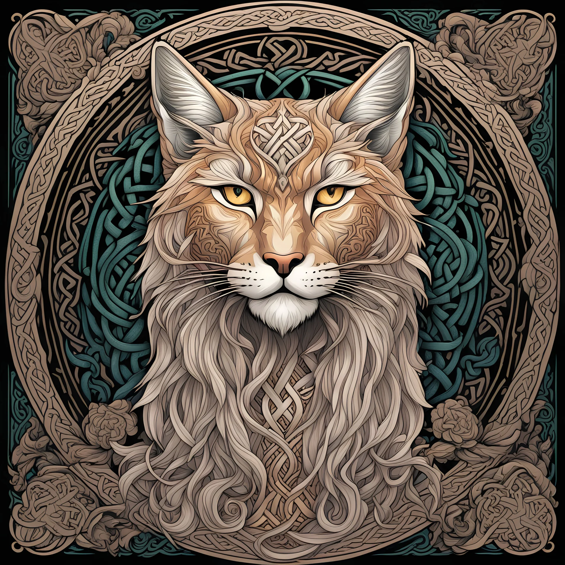 celtic lynx I centered | symmetrical | key visual | intricate | highly detailed | iconic | precise lineart | vibrant and natural colors | comprehensive cinematic | alphonse mucha style illustration I very high resolution | sharp focus | poster | no watermarks I plain black background