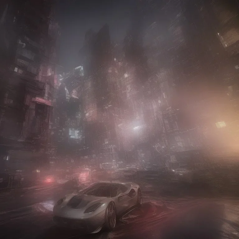 ferrari 488 in the middle of the night in a futuristic city with reflections