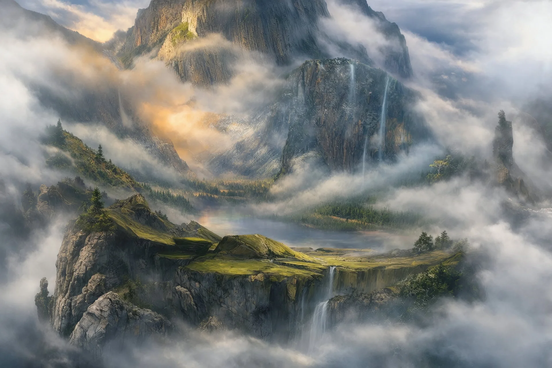 in the foreground, sheer cliffs reveal the ground far far below. reaching the top of those cliffs, a foggy valley reaches out, ended by another sheer cliff.