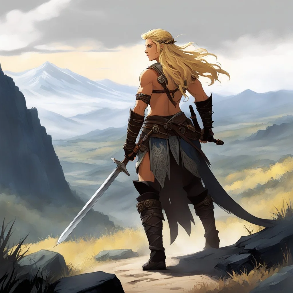 the blonde barbarian with a braid (sword and sorcery adventure) Hours of riding pass. The landscape shifts from rolling hills to a desolate, rocky waste where the vegetation is stunted and blackened, clinging to the soil with a desperate, claw-like grip. The air grows thick with the scent of sulfur and old ash. The terrain turns treacherous. The wide road dissolves into a narrow, winding trail of shale and broken slate that clings to the side of the mountain. The mare grunts, her muscles straini