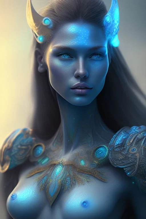 portriate of beautiful blue na'vi warrior, volumetric lighting, particles, intricate detail, realistic, close up