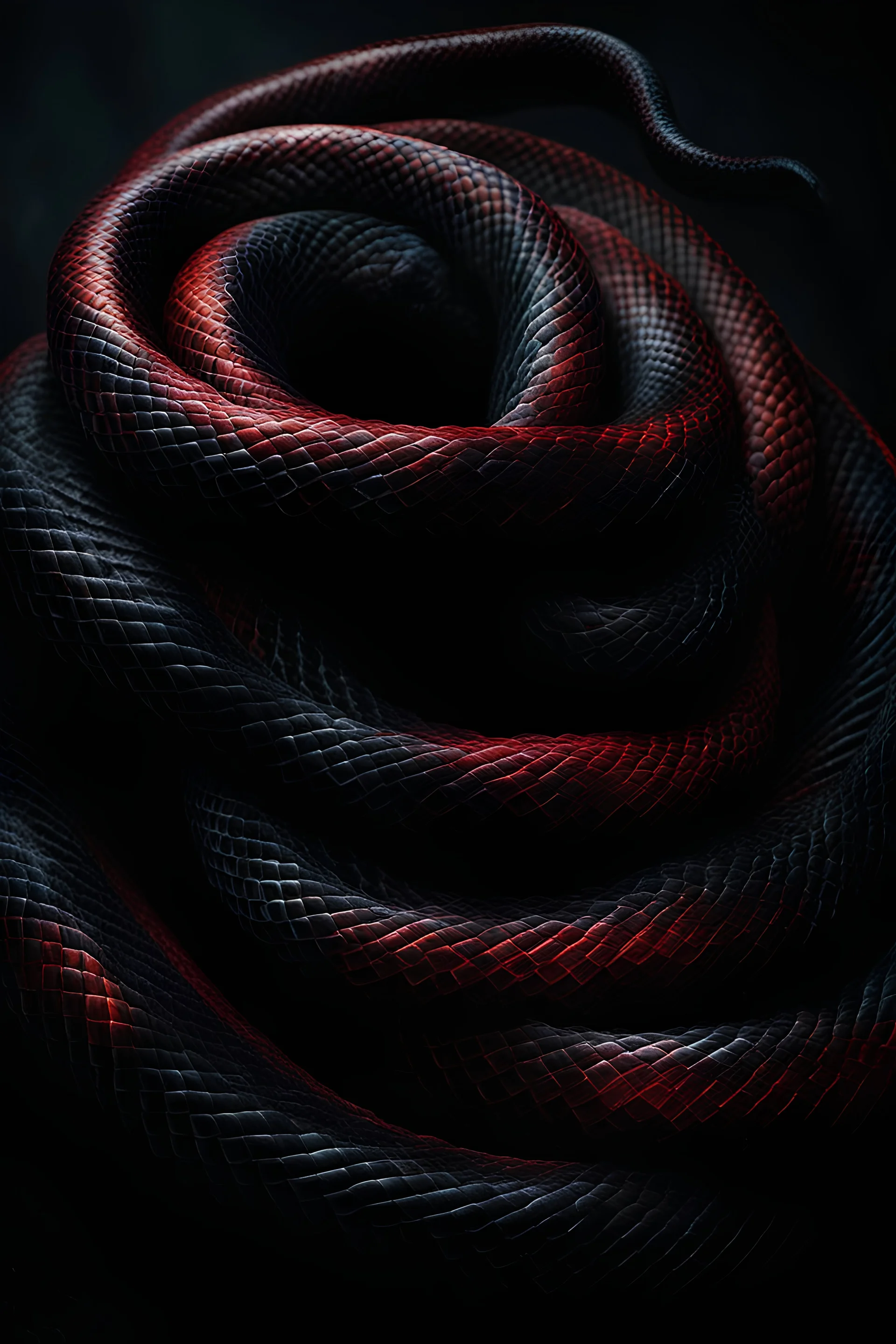 intricate snake skelet winding out of the darkness depth of the abyss gives rise to crisp oil painting, chiaroscuro by leonardo da vinci, award winning photography, photorealisic, IPA Awards, abstract background by gabriel dawe carbon advanced matte materials, obscure dark, complementary colors