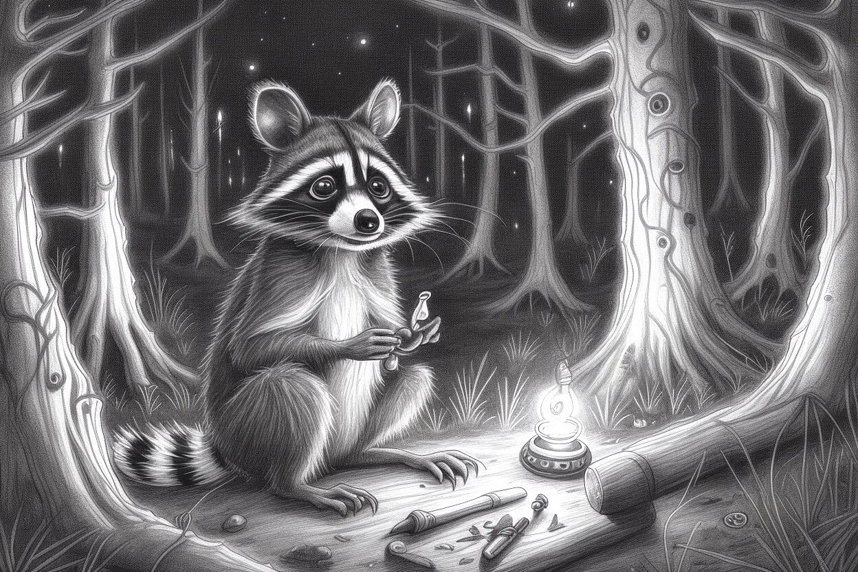 At dusk a curious raccoon explores the forest. Tiptoeing into human campsites, intrigued by human artifacts they found.- Pencil drawing, realistic, graphite