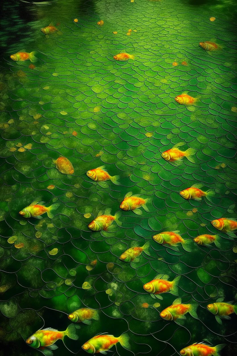 Spectral world. It's raining on a still pond in a gorgeous early spring setting. Raindrops hitting water. Each raindrop makes a tiny ripple as it hits the water. Many tiny ripples from each raindrop as it hits the water, all over the pond. Wonderfully delicate, calm and refreshing. Yellow greens of early spring. Metallic gold. Goldfish is jumping out of the water, waterlillys is glowing in purple colors.