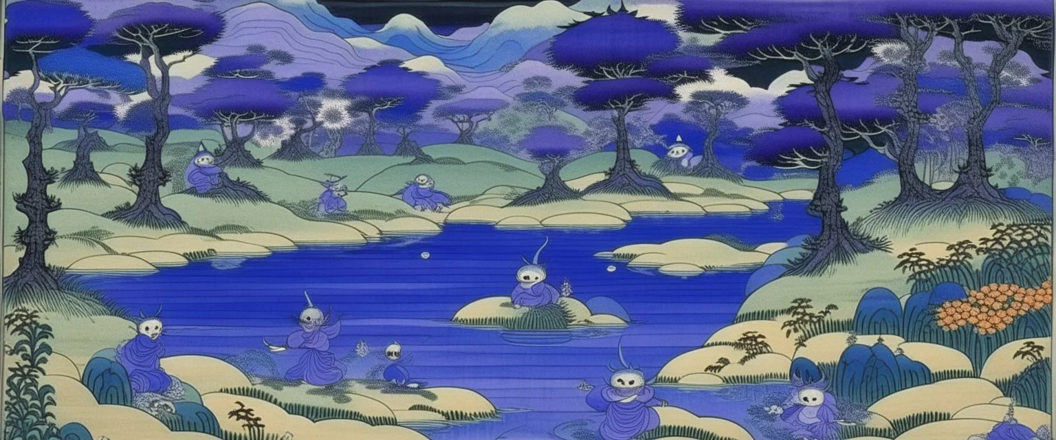 A violet swamp with yokai ghosts designed in Navajo woven art painted by Katsushika Hokusai