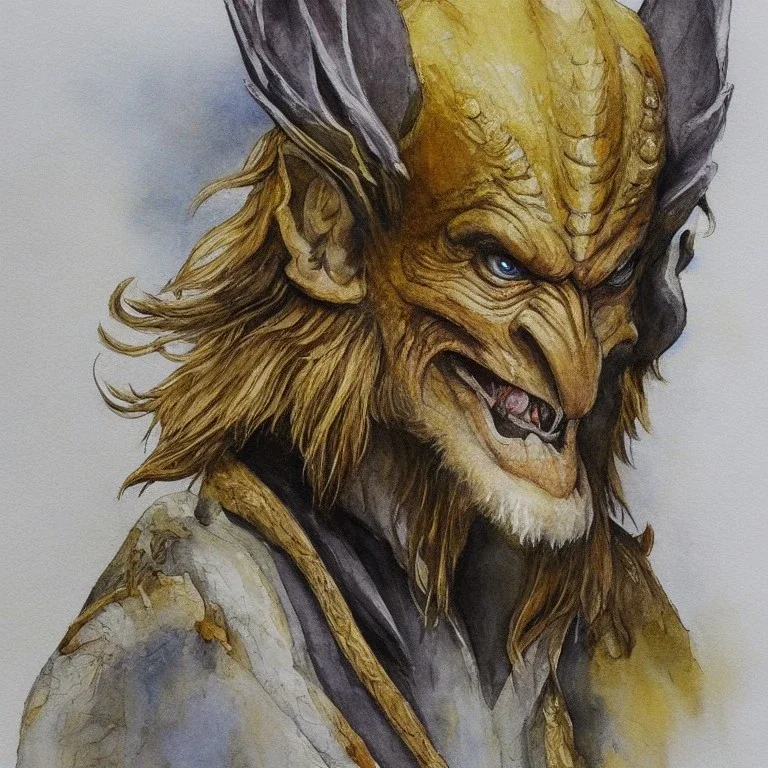 dungeons and dragons, fantasy, goblin, king, portrait, distinct face, ochre skin, watercolour