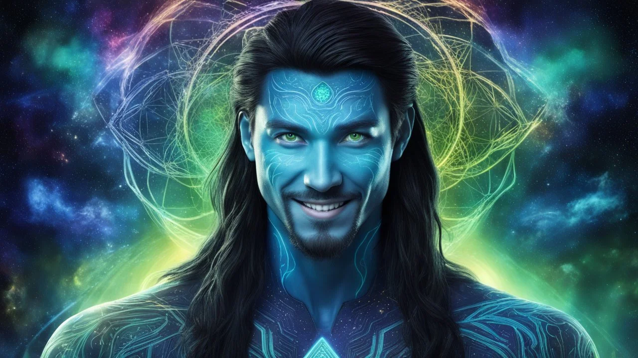 beautiful gorgeous young man na'vi with long hair, Avatar, blue skin, two small ears, green eyes, black hair, in cosmic suit, galactic ambiance, medium pointy goatee , smiling, nebulas and sacred geometry light figures on the backgroud,