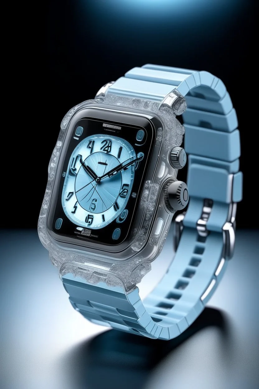 Imagine the iced-out Apple Watch set against a backdrop reminiscent of glacial beauty, with hints of glistening ice formations and a cool, icy color palette to amplify its icy allure.