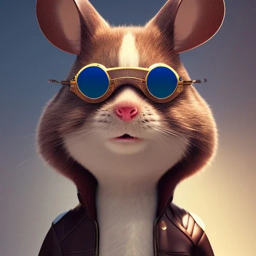 cute male mouse with the body of a human, wearing a leather jacket and sunglasses, pixar style, dramatic, dramatic lighting, volumetric lighting, hyperrealism, 8k, high quality, photorealistic, lot of details