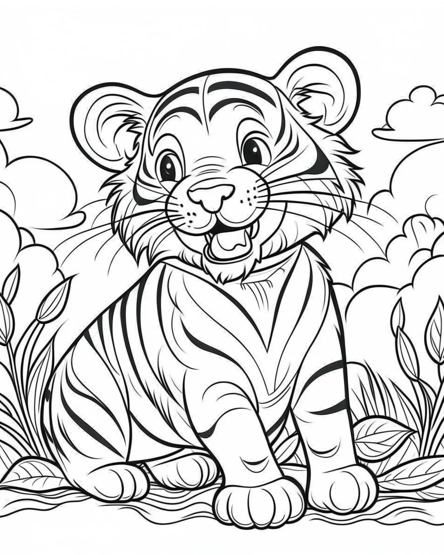 create a 2d black outline, "safari smiling cartoon baby tiger coloring book for toddlers", coloring page, low details design, black contour, coloring page design, simple background, colorful , card style, coloring page for kids, white background, sketch style, safari landscape, cartoon style