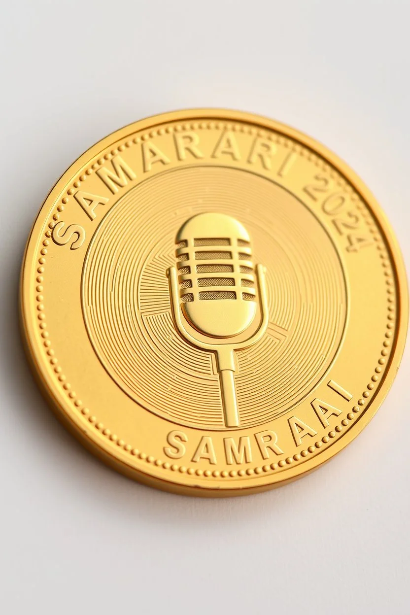 view of word , SAM SAMARRAI 2024 , on the edge on the gold coin ,with picture of microphone , in the middle of the coin.