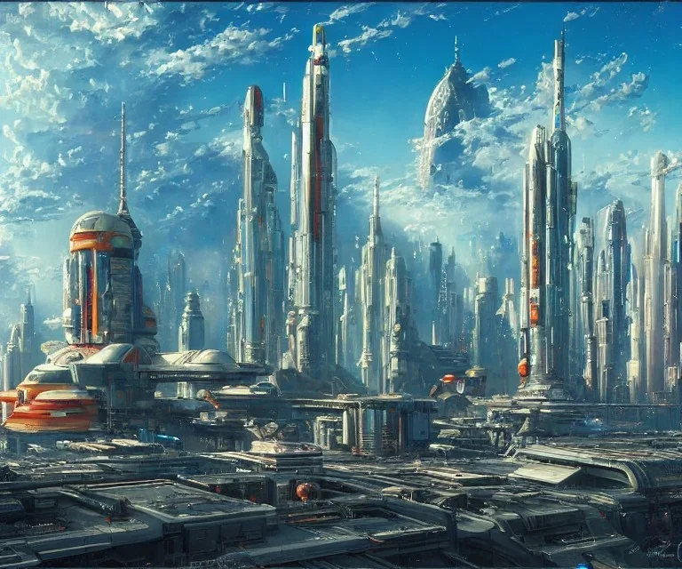 Space Center on a heavy industrialized planet with a futuristic city in the background, retrofuturistic, art by John Berkey, starting spaceship in the foreground, buildings with glass facades, brutalist architecture, insanely detailed, vibrant, 8k uhd, cinematic atmosphere, ultra-wide angle, street level view, brush strokes, blue sky with clouds, sharp focus