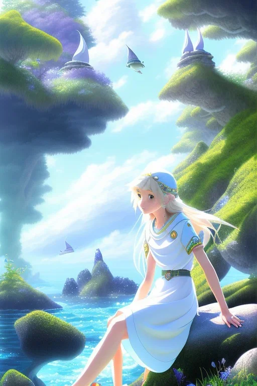 Female sea elf sitting on a rock with her animal friends, highly detailed, art by studio ghibli, laughing, picnic, nature, Grove, oasis