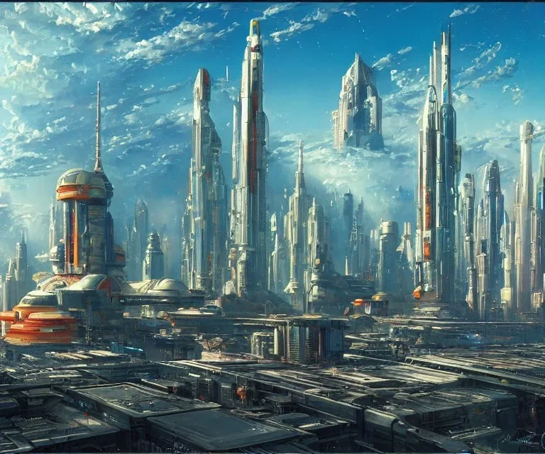 Space Center on a heavy industrialized planet with a futuristic city in the background, retrofuturistic!!!!!!!!!!, art by John Berkey, starting spaceship in the foreground, buildings with glass facades, brutalist architecture, insanely detailed, vibrant, 8k uhd, cinematic atmosphere, ultra-wide angle, street level view, brush strokes, blue sky with clouds, sharp focus