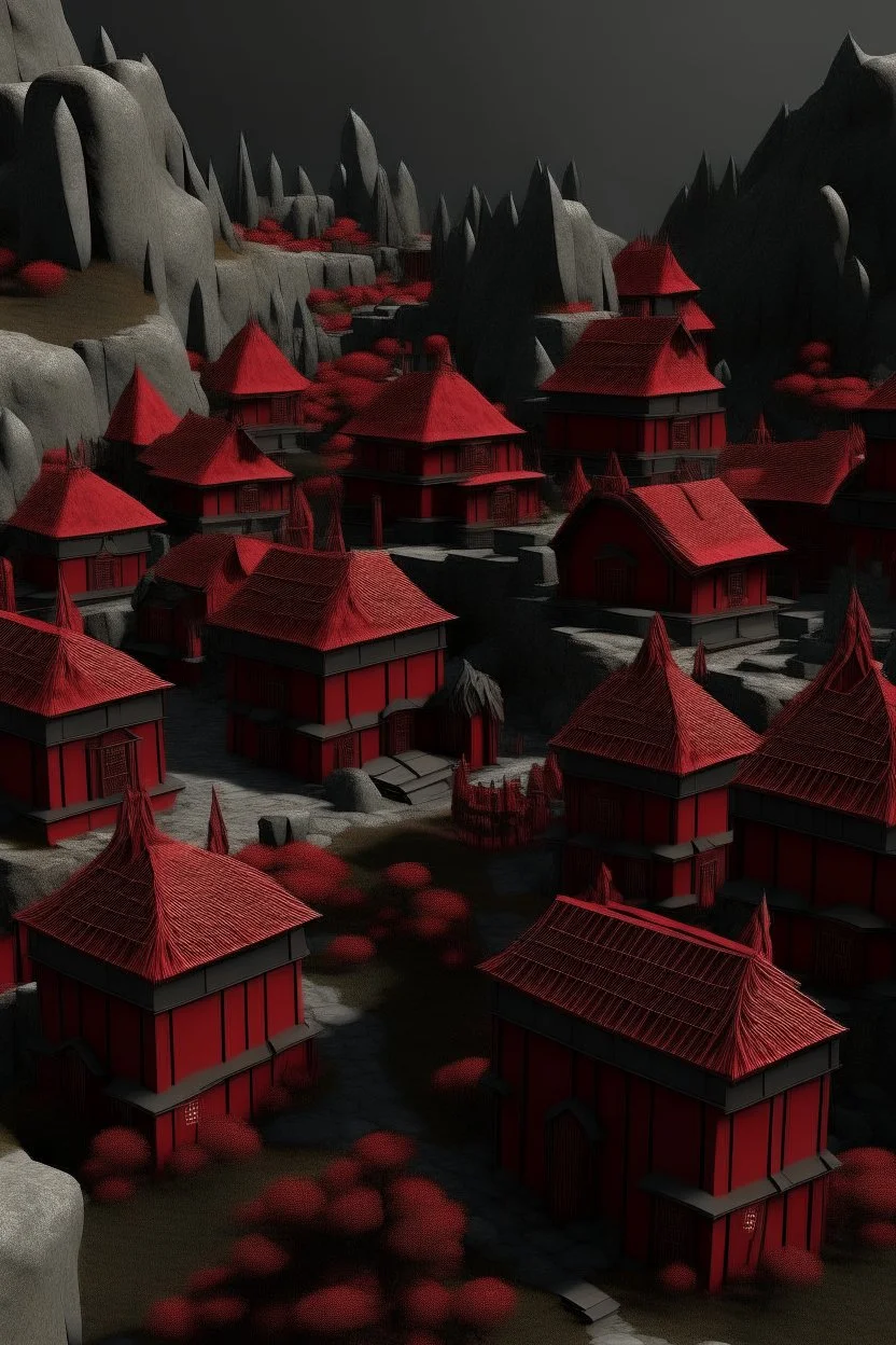 A dark red vampiric village designed in Ica stones