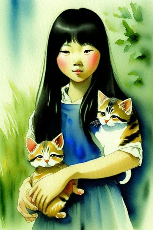 A cute asian girl is holding a kitten. Watercolour