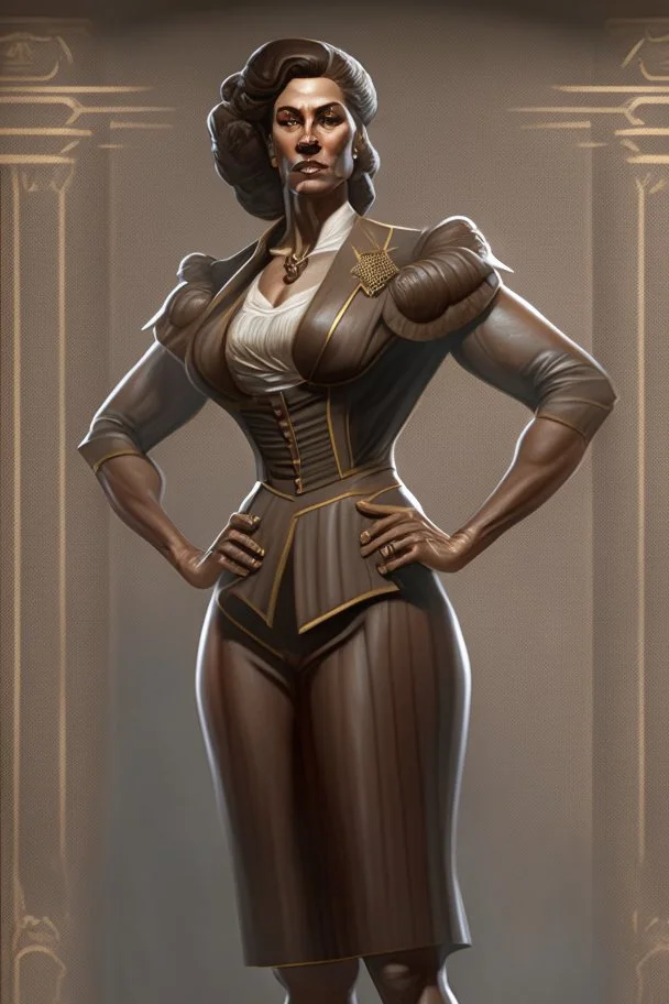 A hyper-realistic concept art of a full body aristocrat woman tall ultra muscular with a hard square face and brown hair wearing a greek senator outfit with hands on her waist, full body, aristocrat woman, tall, ultra muscular, hard square face, brown hair, greek senator outfit, by Jaime Jones, in the style of fantasy realistic art, cinematic and dramatic lighting, fantasy character drawings, realistic drawings, digital art, Highly Intricate Details, high quality,