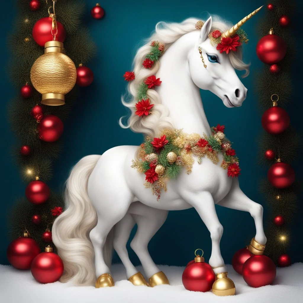 a beautiful white unicorn with a golden horn, expressive blue eyes, her mane is red, and green with some christmas flowers woven in very sparkly, her tail is braided and laying beside her back legs in red and green, she is sitting upright and her front hoofs are holding a gold lantern that has christmas flowers on it, background is white.