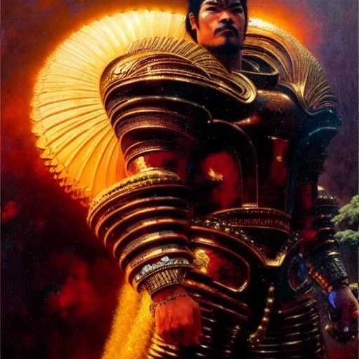 portrait of 'Akashachi-Fist of the North Star',ancient metal armor , painting by gaston bussiere, greg rutkowski, yoji shinkawa, yoshitaka amano, tsutomu nihei, donato giancola, tim hildebrandt, oil on canvas, cinematic composition, extreme detail,fit full head inside picture,16k