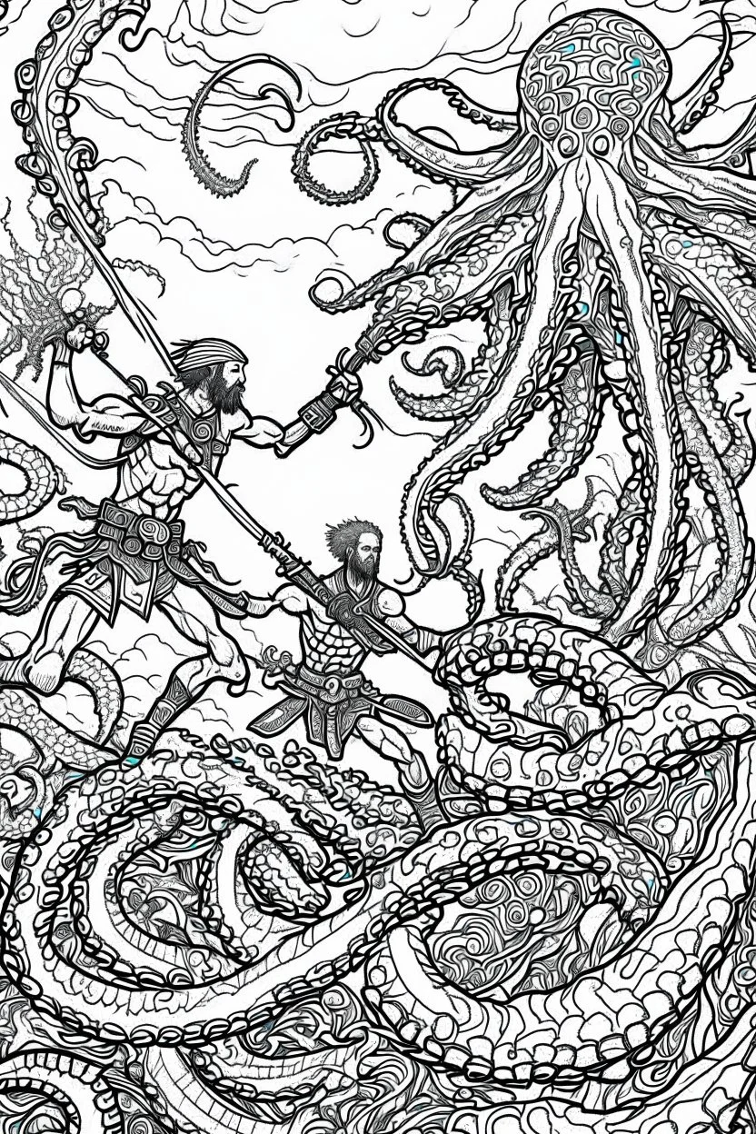 coloring pages for kids, 3 beatifull merman warriors fighting against a big octopus underwater, 8k, hyperdetailed, cinematic, 3d render, photo. cartoon style, thick lines, low detail, black and white, no shading, --ar 85:110