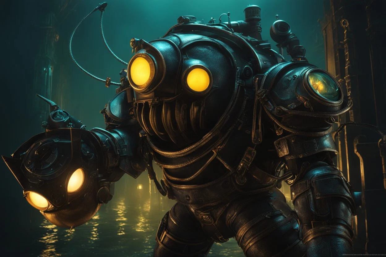 Big Daddy in bioshock model with 8k solo leveling shadow artstyle, venom them, Underwater, neon water, full body, intricate details, highly detailed, high details, detailed portrait, masterpiece,ultra detailed, ultra quality