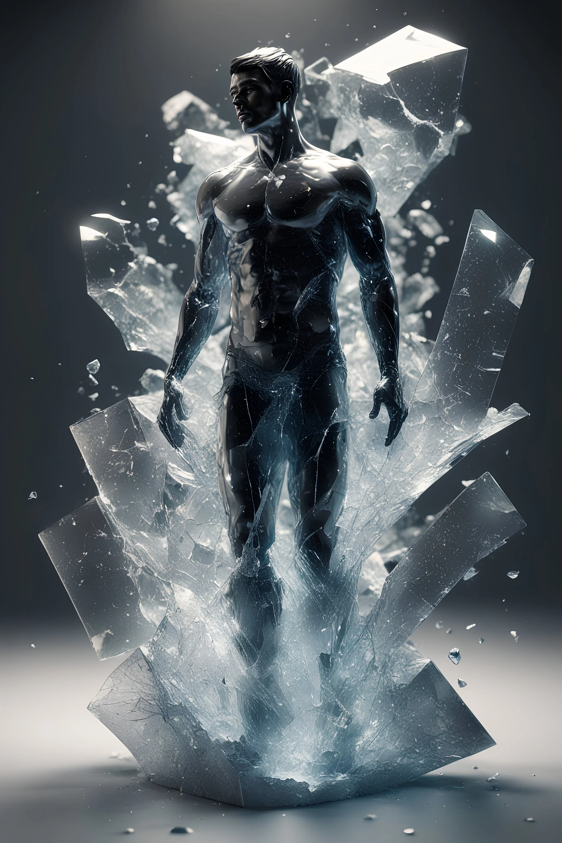 AI 3D shattered glass marble male figure art realisticv2 surrealism 4k resolution octane render volumetric lighting