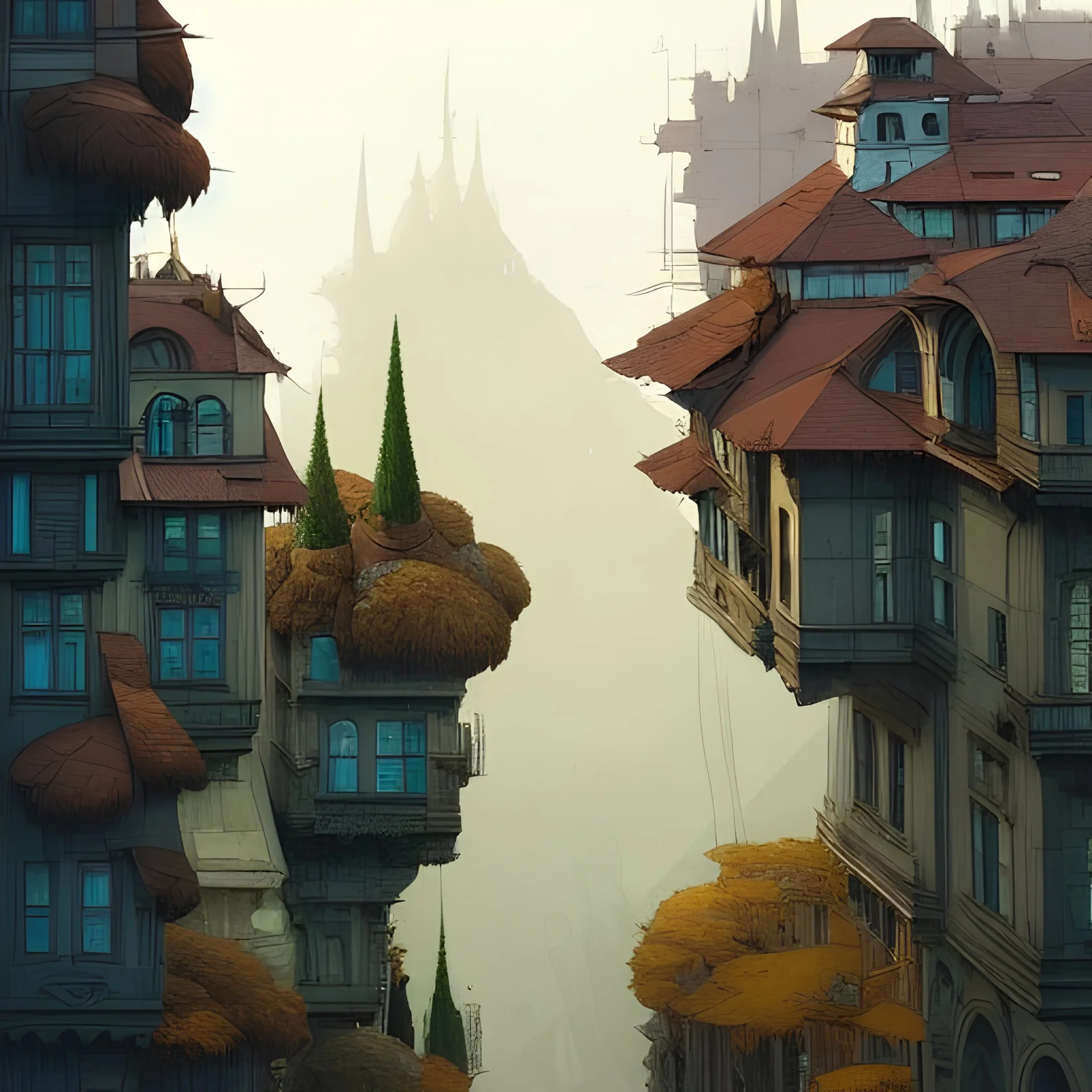 +Beaux Arts architecture+detailed facades+uphill road+trees+ biopunk+Bueno Aires+turin+trieste+Book illustration by Gediminas Pranckevičius, Jean Baptiste Monge, Brian Kesinger, Anton fadeev, Kilian Eng, strong lines, high contrast vibrant colors, highly detailed, 16k resolution, trending on behance