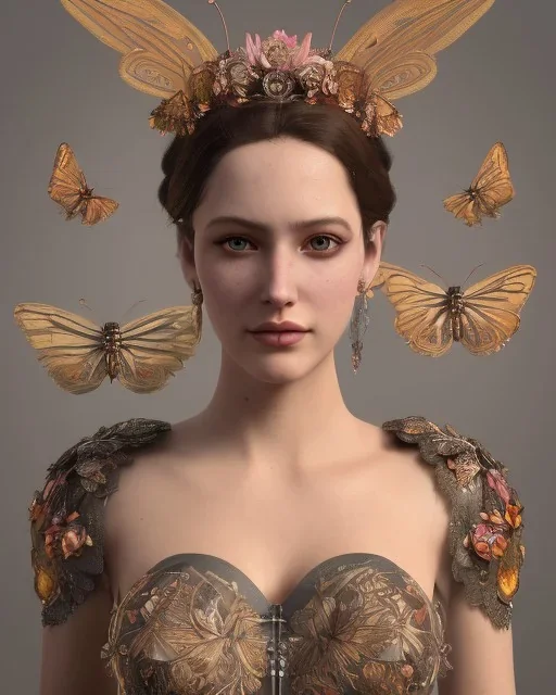 upper bust portrait, the queen of butterflies, corset, intricate metal work flower crown, butterfly wings on back, 8k resolution concept art, dynamic lighting, intricately detailed, hyperdetailed, beautiful, ethereal, elegant, golden hour, (butterfly), gothic