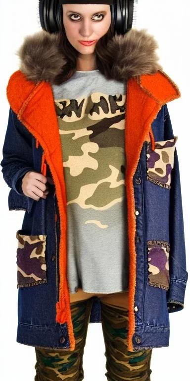 Brunette woman. average body type, think thighs and thick calves. Mantle is sewed of recycled Denim and sewed together of camouflage pieces. Printed camouflage figures are orange,terracotta, cream and purple. It is with big bright purple felt tippet and cream-colored-hood. mantle is merged with satchel. . AKG-style headphones (gold rings!) is merged with small felt cap with small visor. Style: Haute Couture in 1936, Paris fashion in 2023, inspired by street art. Cream latex gaiter.