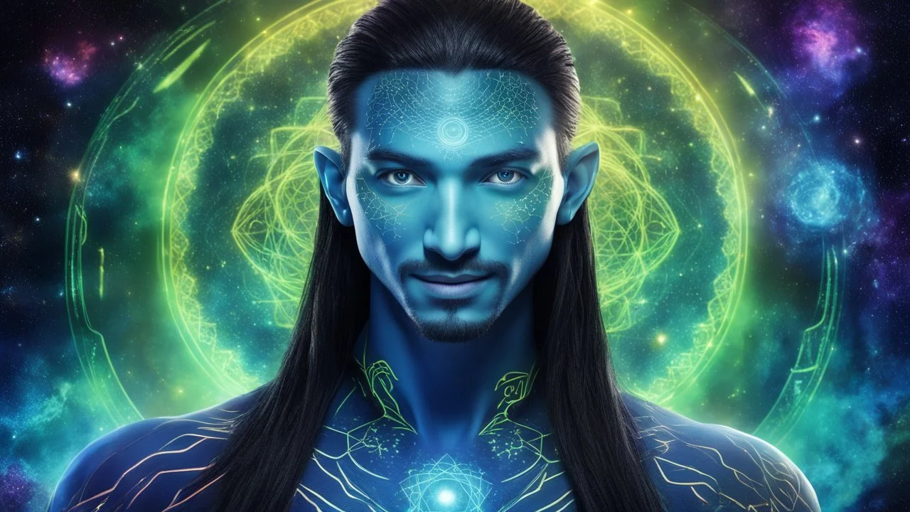 beautiful gorgeous young man na'vi with long hair, Avatar, blue skin, two small ears, green eyes, black hair, in cosmic suit, galactic ambiance, medium pointy goatee , smiling, nebulas and sacred geometry light figures on the backgroud,