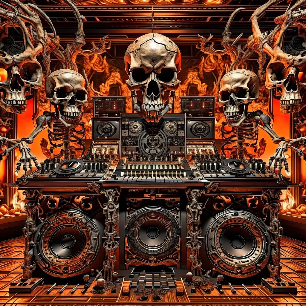 DJ of the damnded, insanely detailed DJ booth in hell, MID set, speakers and equipment made of bone, anatomically correct, add more skulls in th audience, photorealism, vray, 8k 3d