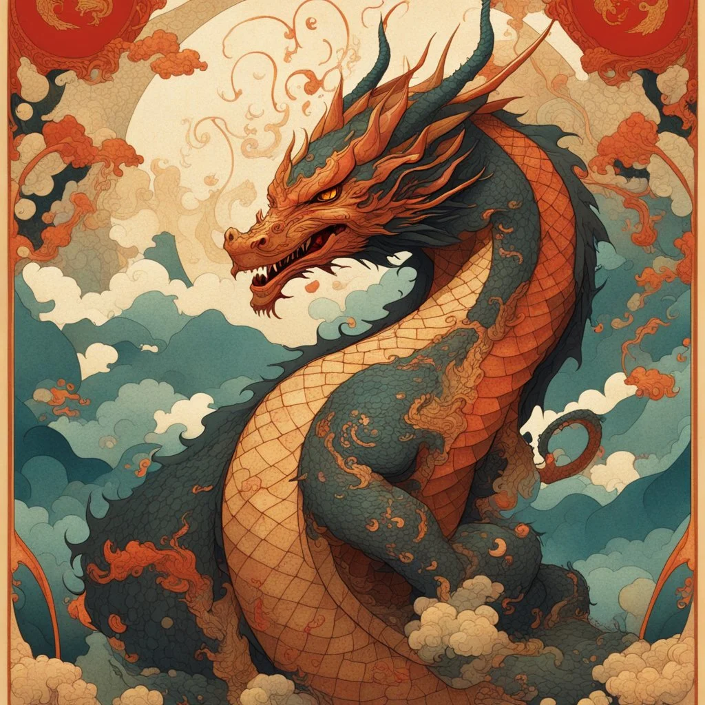 Bordered digital illustration of a Dragon Emperor by Victo Ngai. Torat card, Hanafuda style. High quality, masterpiece.