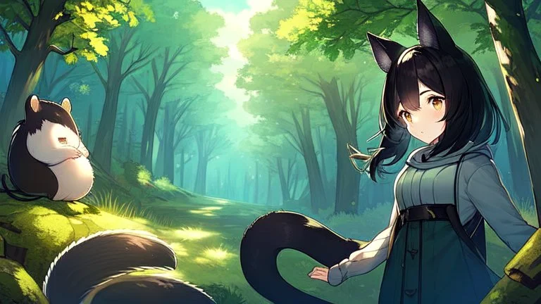 Girl, black hair, skunk tail , skunk ears, forest.