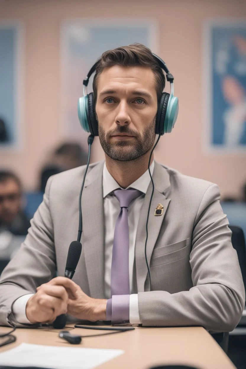 A simultaneous interpreter is sitting at a table with headphones with a microphone on his headphones at a foreign briefing, the background is blurred, everything is in pastel colors,