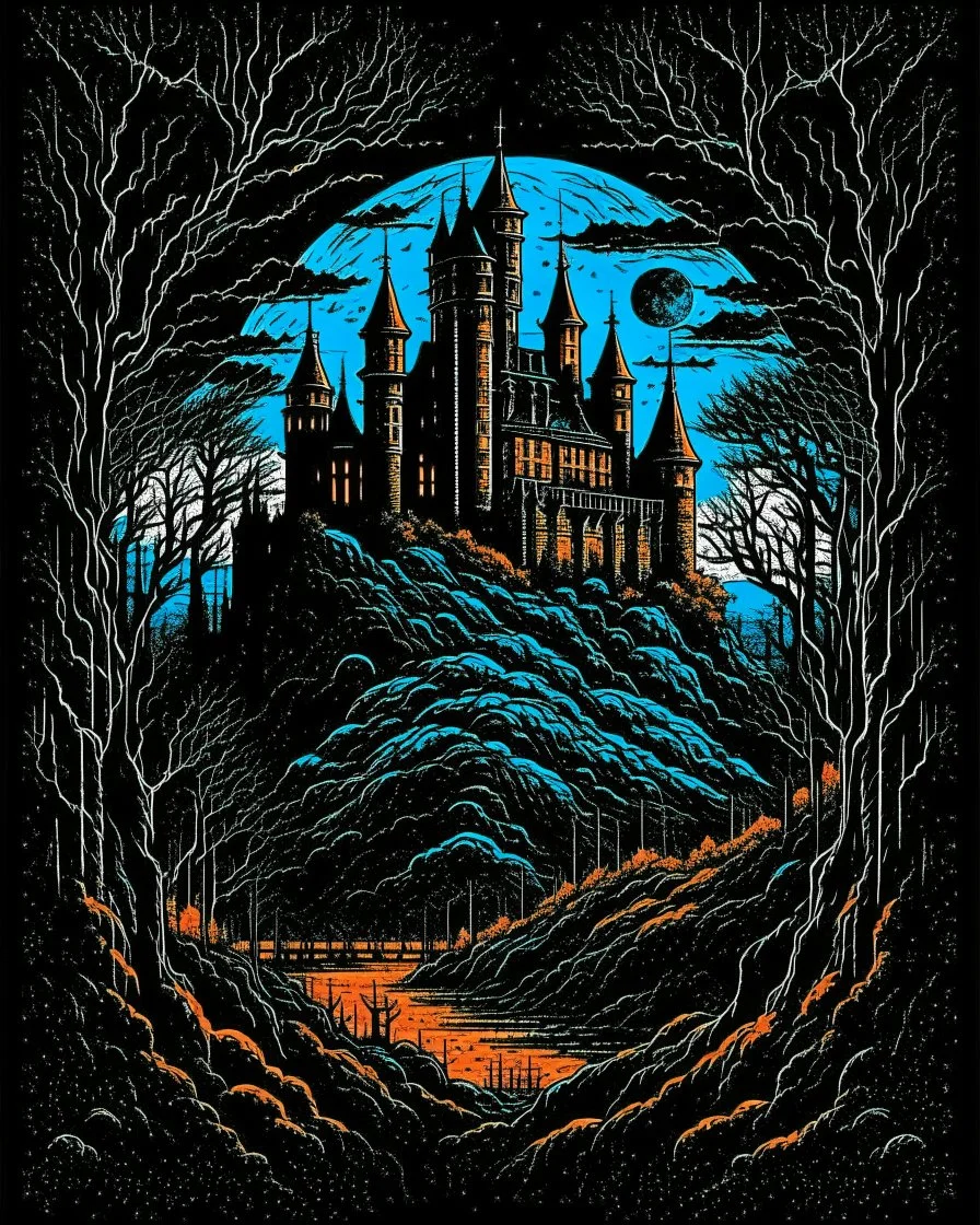 Moon, black night, shadowy old castle, dark forest in the background,HDR,UHD,8K, best quality, masterpiece, Highly detailed, ultra-fine painting, Urban Pulse::2 Street Art, deconstructionism, typographic expression, vibrant colors, urban surrealism, synthwave:: t-shirt vector, center composition graphic design, plain background::2 mockup::-2 --upbeta --ar 1:1