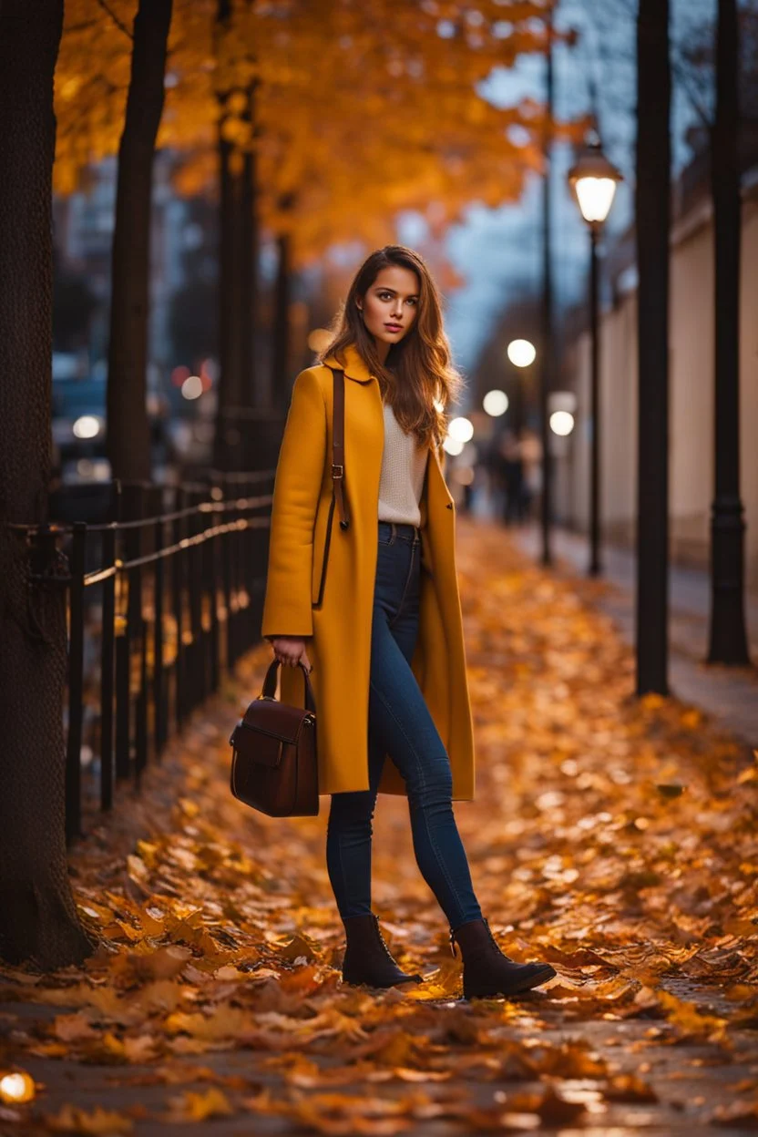 night yellow lights over the street trees autumn leaves under feet ,a Student adult girl with books in her hand walking in street looking to camera