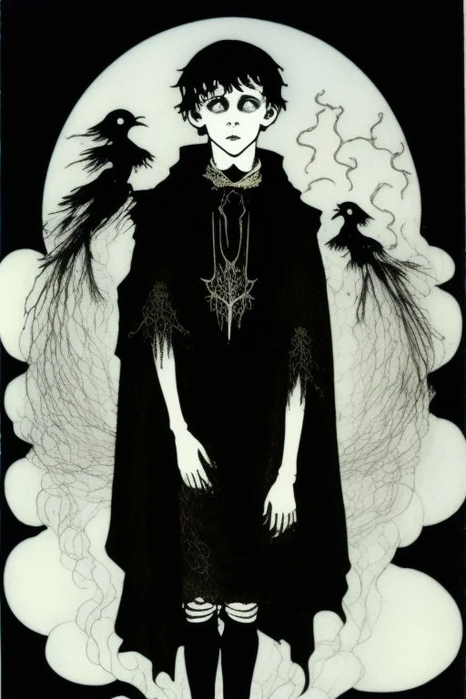 7 year old boy, necromancer, friendly, looks dead, surrounded by weird smoke with eyes, wearing black robes, in the style of Harry Clarke