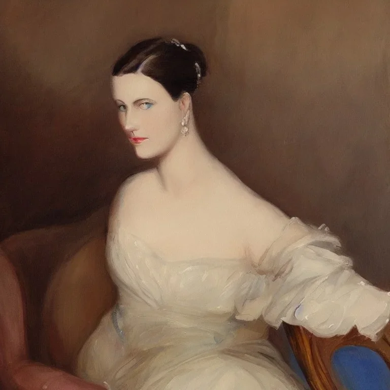 painting of an elegant lady sitting on a chair, perfect face, blue eyes, sharp focus, highly detailed