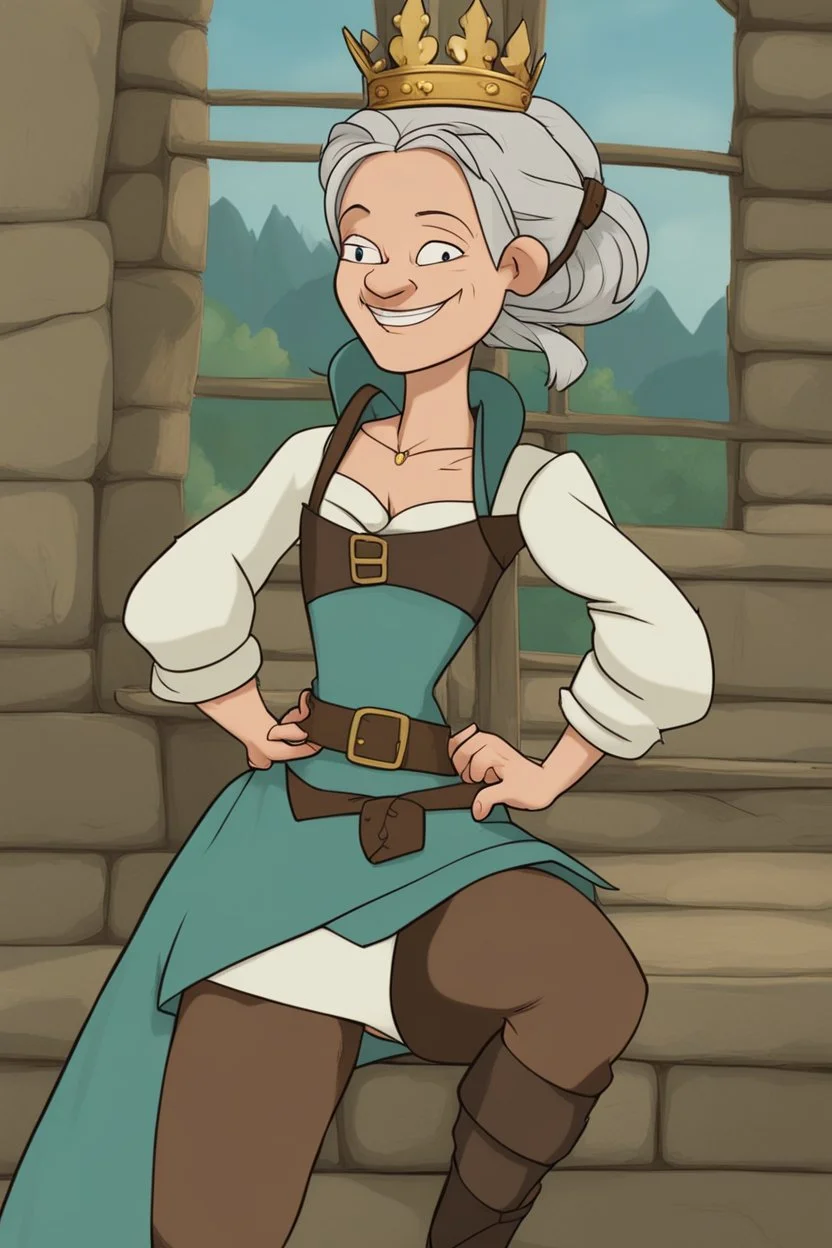 [Disenchantment, Bean] Queen Bean's royal attire was as unconventional as her personality. She wore a cyan tunic with white sleeves, brown leggings, and tied dark brown boots. A brown leather corset-like bodice cinched her figure, emphasizing her readiness for action. The belt, with a silver buckle, held a variety of pouches and tools, a testament to her readiness for any escapade that might come her way. Her freckled face bore a playful smirk, and her buck teeth and overbite lent her an endea