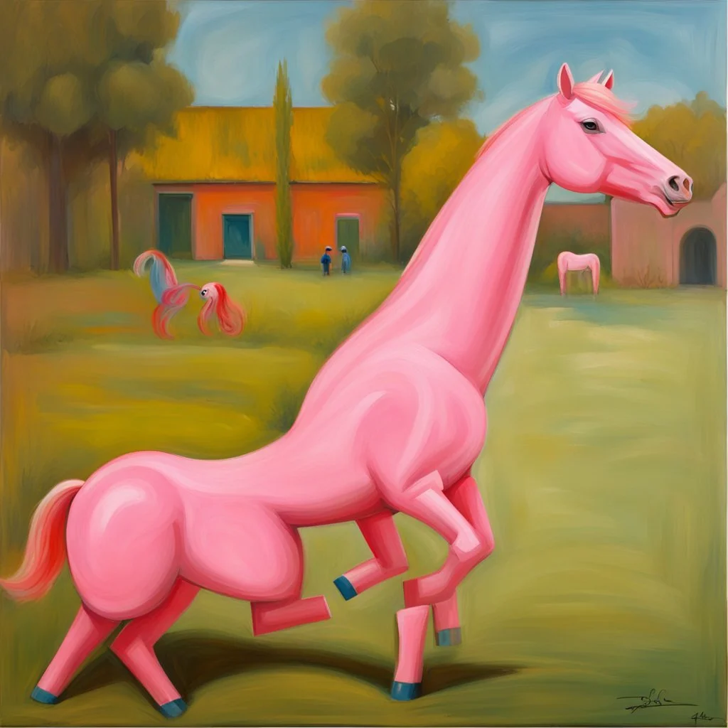 Big pink plastic toy horse.19th painting